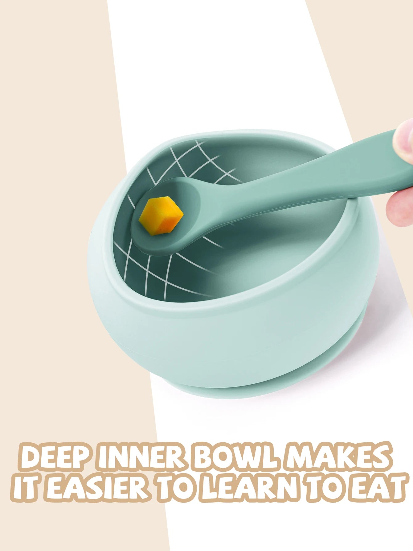 Light blue bowl with a spoon and text on a beige background