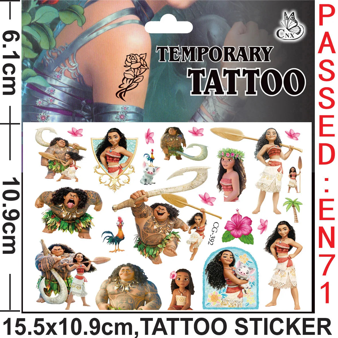 Temporary tattoos featuring Moana and Maui, ideal for kids' birthday parties, by Nestacular.