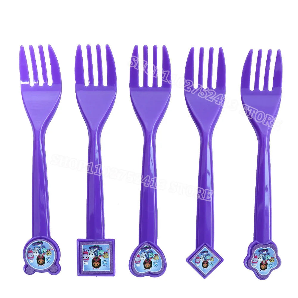 Set of five purple plastic forks with character-themed designs on a white background