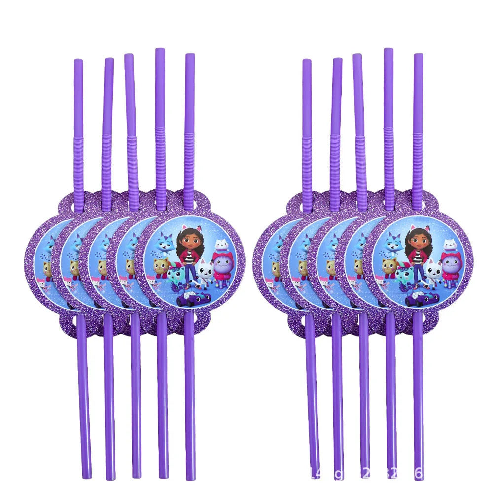 Set of purple straws with cartoon character labels on a white background