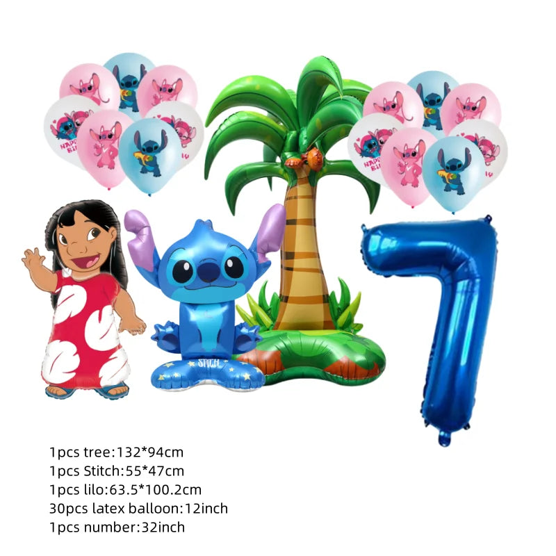 Birthday party decorations with cartoon characters, balloons, and a palm tree on a white background.