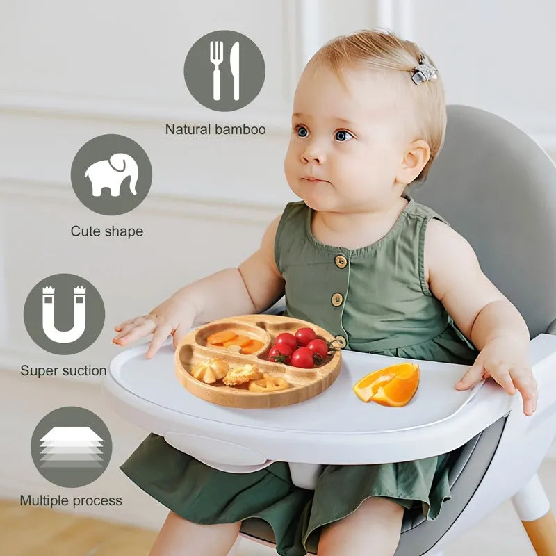 Child sitting in a high chair with a tray and wooden plate, surrounded by icons and text about product features.