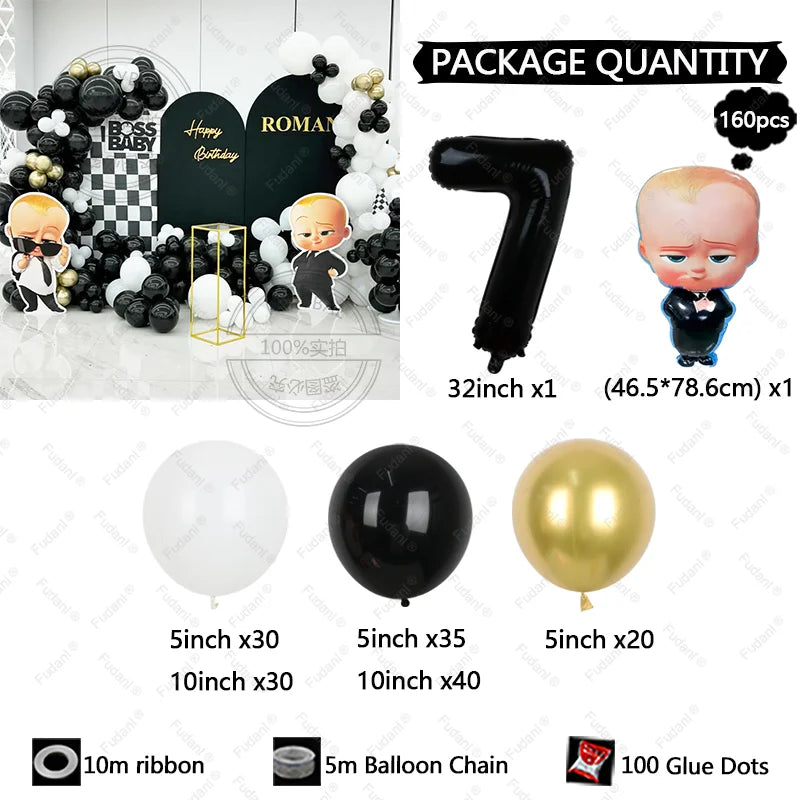 Collection of balloons and party supplies with package quantity details on a white background.