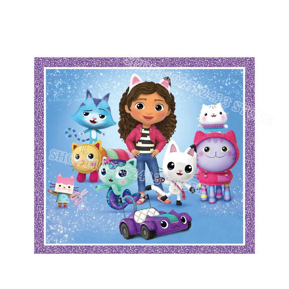 Cartoon character with six animal-like characters on a blue background