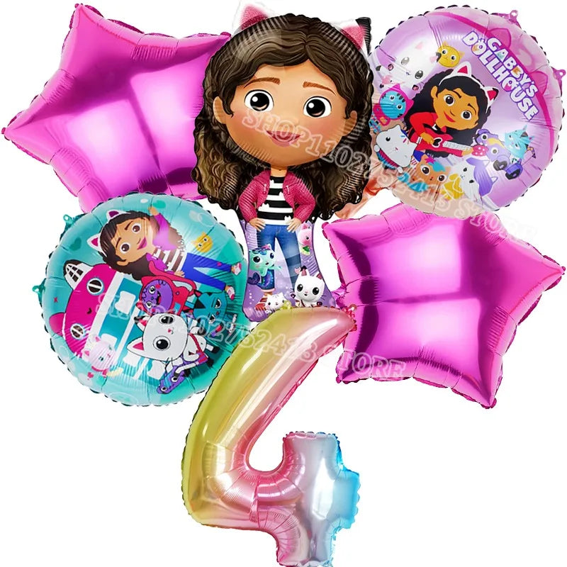 Set of balloons featuring a character and number 4, with a pink star-shaped balloon.