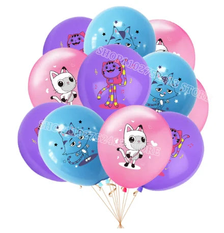 Bunch of balloons with cartoon cat designs on a white background