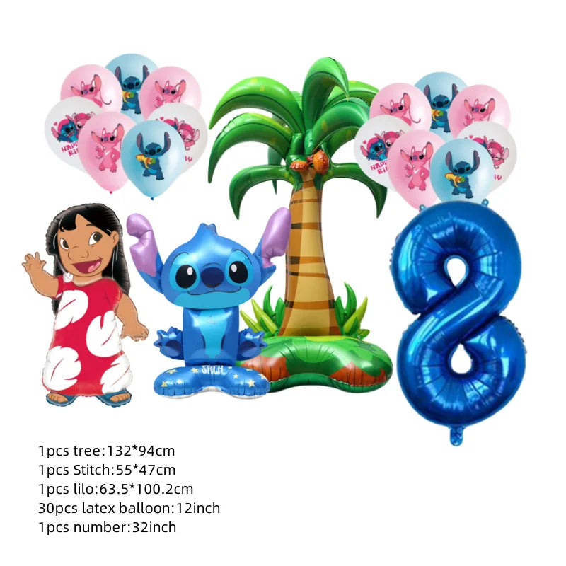 Party supplies set with balloons, a tree, and characters on a white background