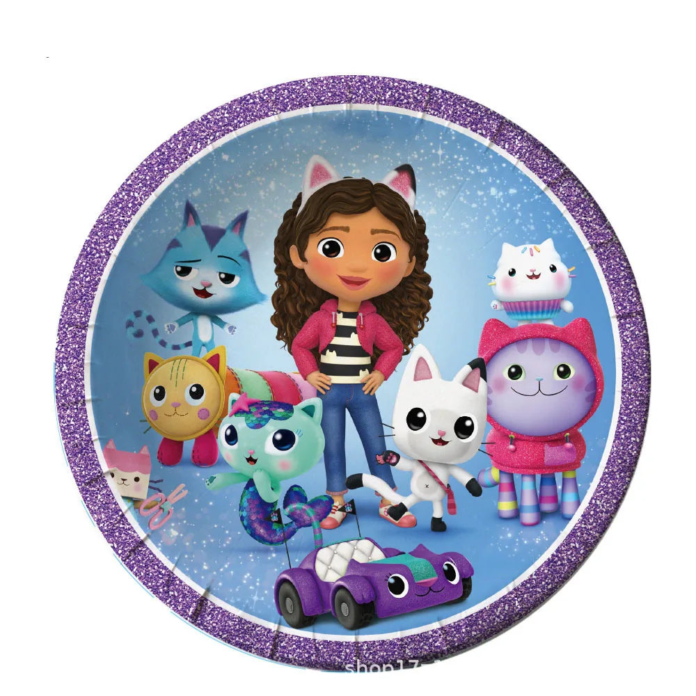 Round plate with a cartoon character and cat-like creatures on a blue background with purple glitter border.