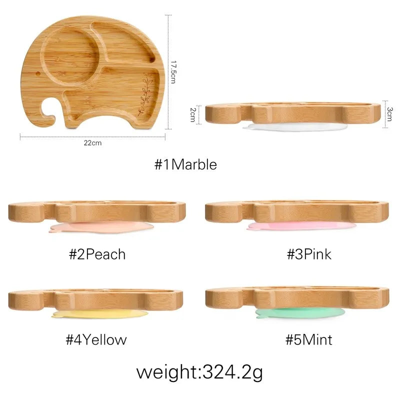 Bamboo tray with dimensions and color options on a white background