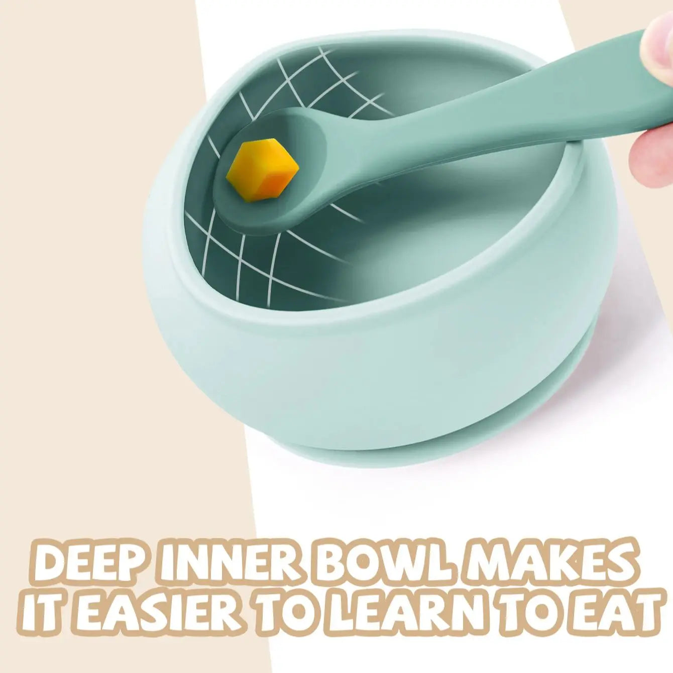 Teal bowl with a spoon and text about its design