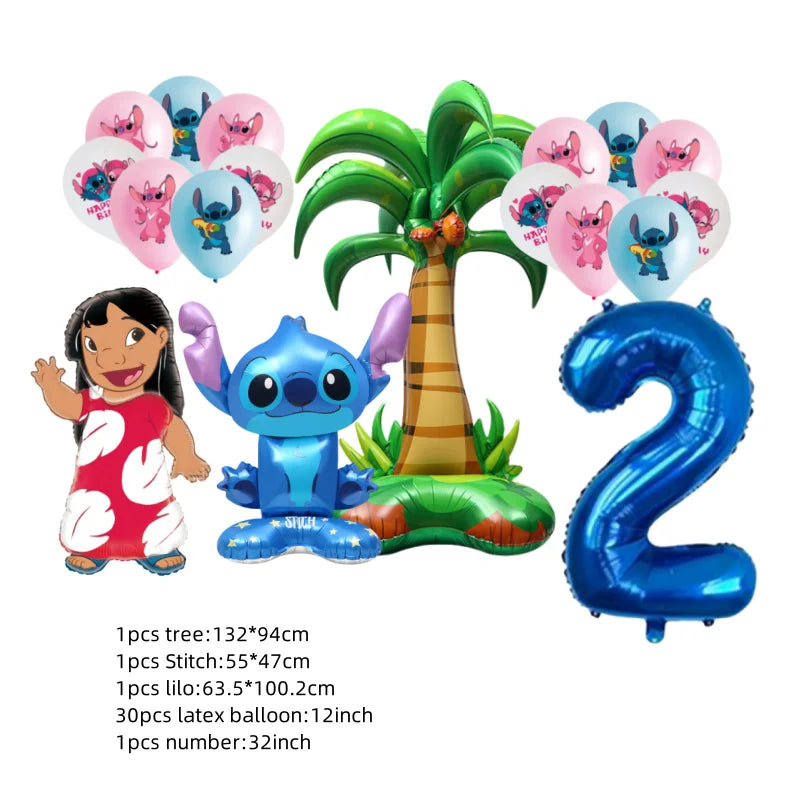 Birthday party decorations with balloons, tree, and character figures on a white background