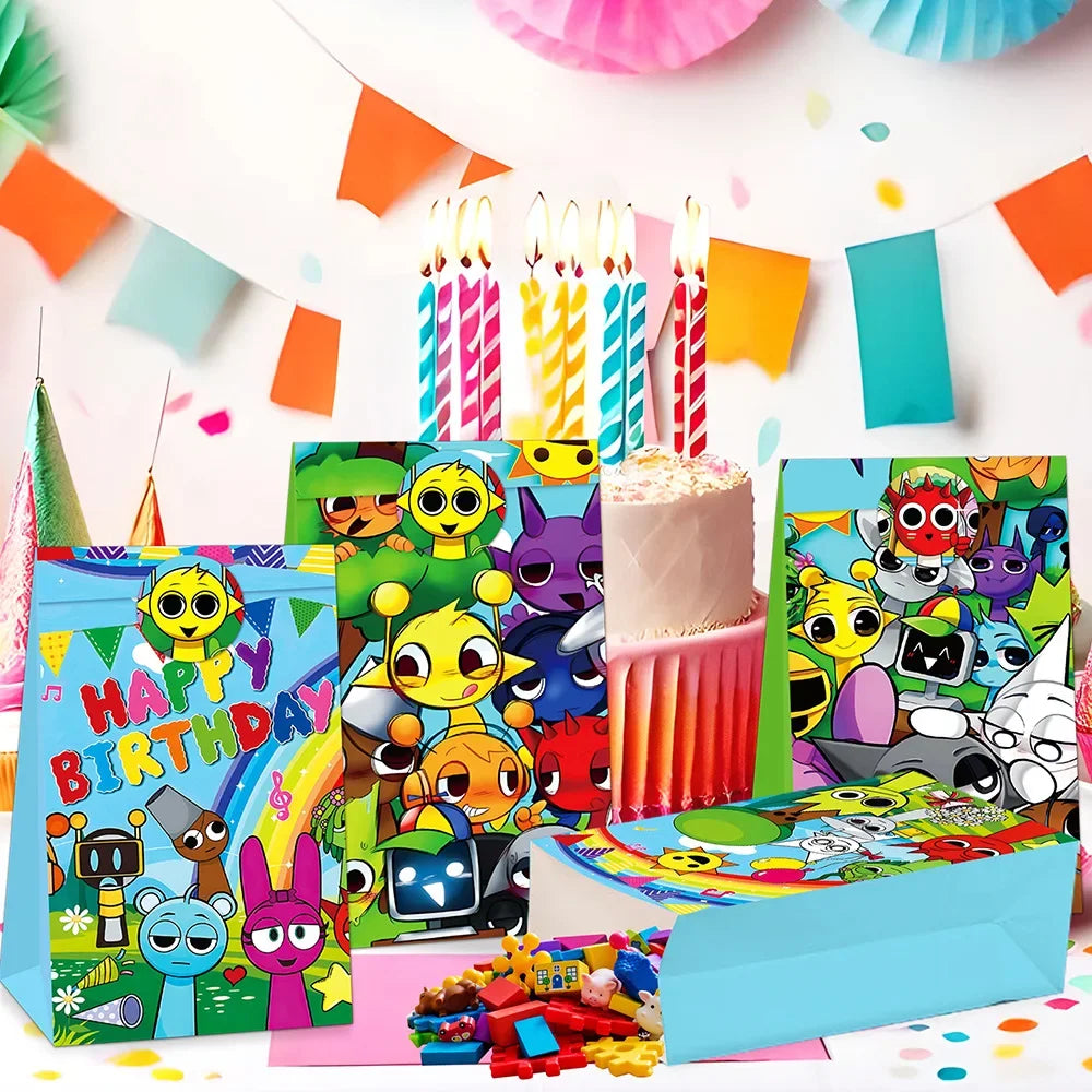 Birthday party supplies with colorful decorations and cartoon character-themed items.