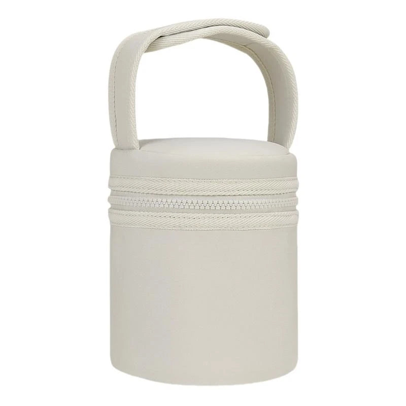 White cylindrical pouch with a handle on a white background