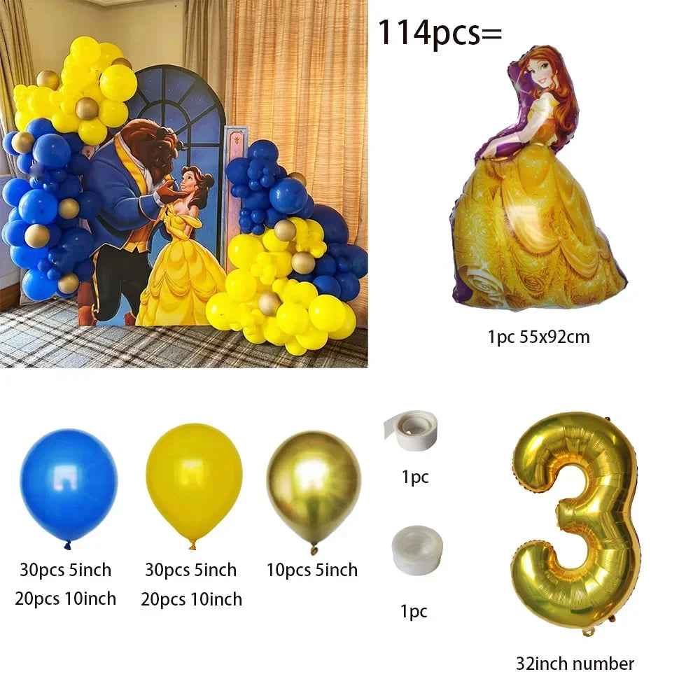 Collection of balloons and decorations including a Beauty and the Beast theme.