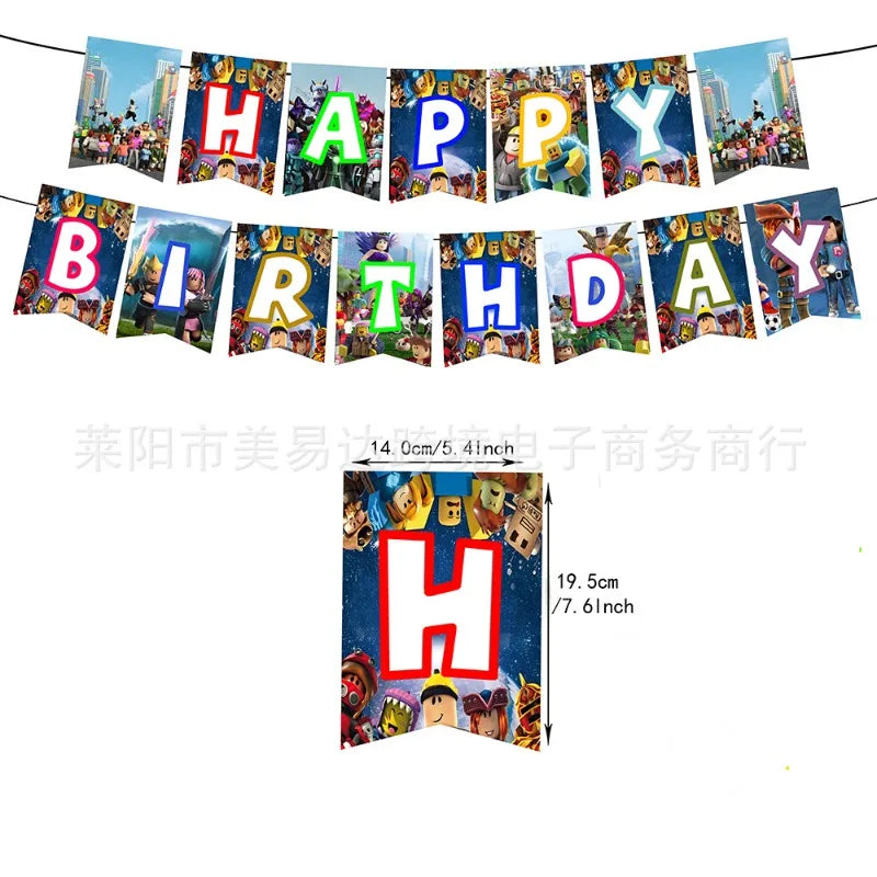 Colorful 'Happy Birthday' banner with cartoon characters on a white background