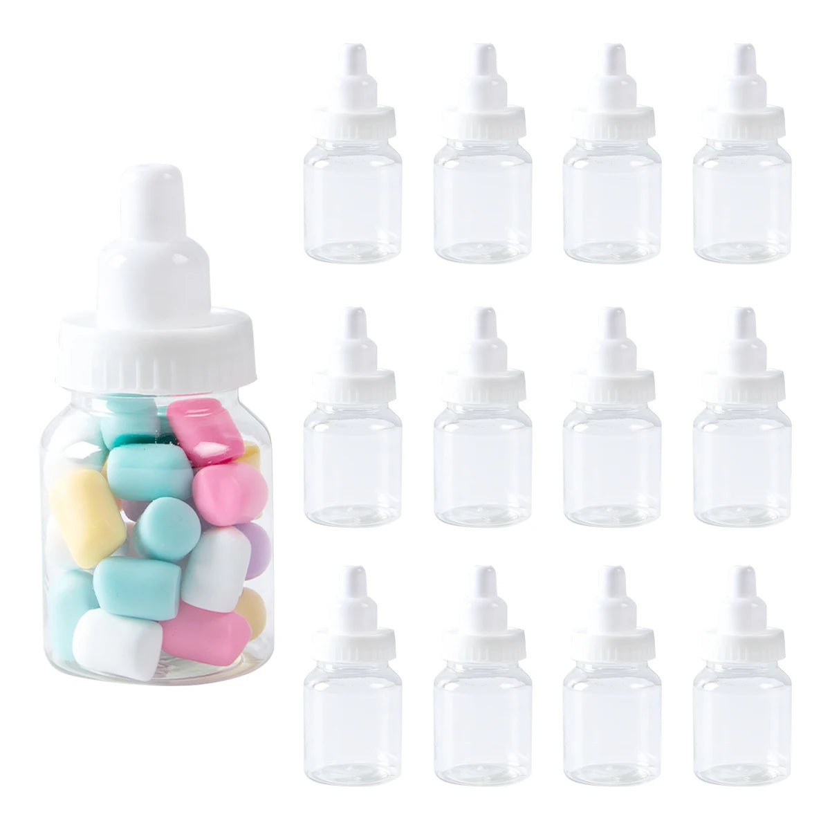 Set of clear dropper bottles with a container of colorful pills on a white background