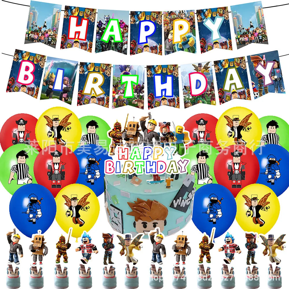 Birthday party decorations with balloons, figures, and a 'Happy Birthday' banner featuring cartoon characters.