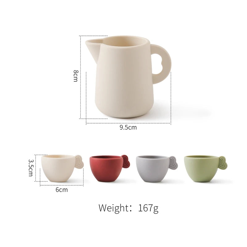 Ceramic pitcher with measurements and four smaller cups on a white background
