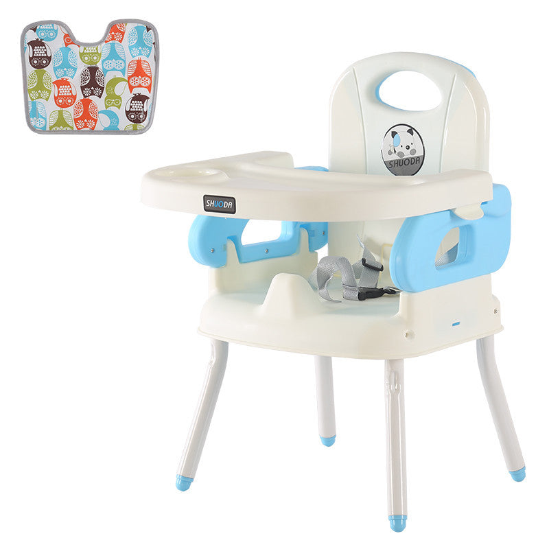 Children's high chair with tray and seat cover on a white background