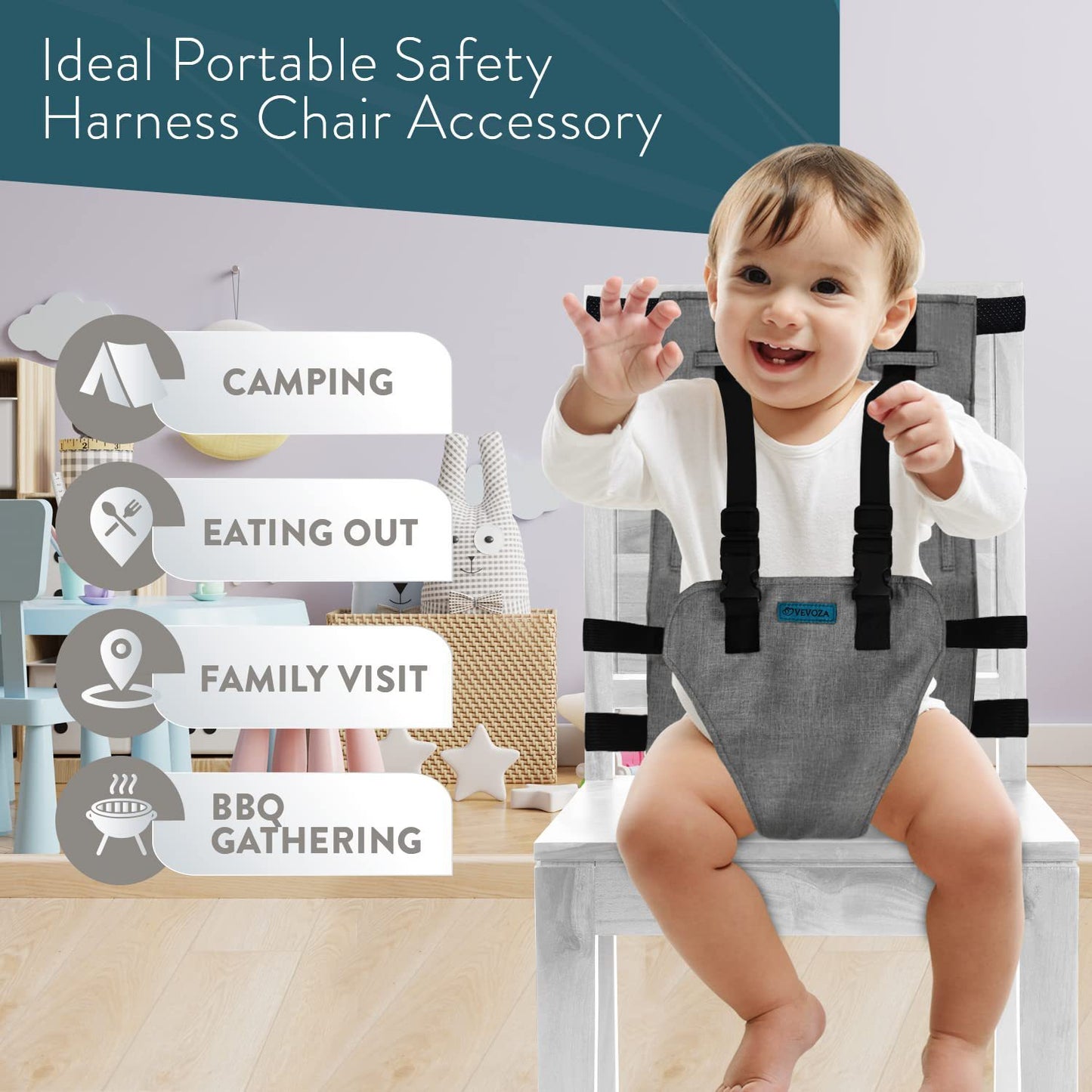 Child sitting in a portable safety harness chair accessory with text indicating its use for camping, eating out, family visits, and BBQ gatherings.