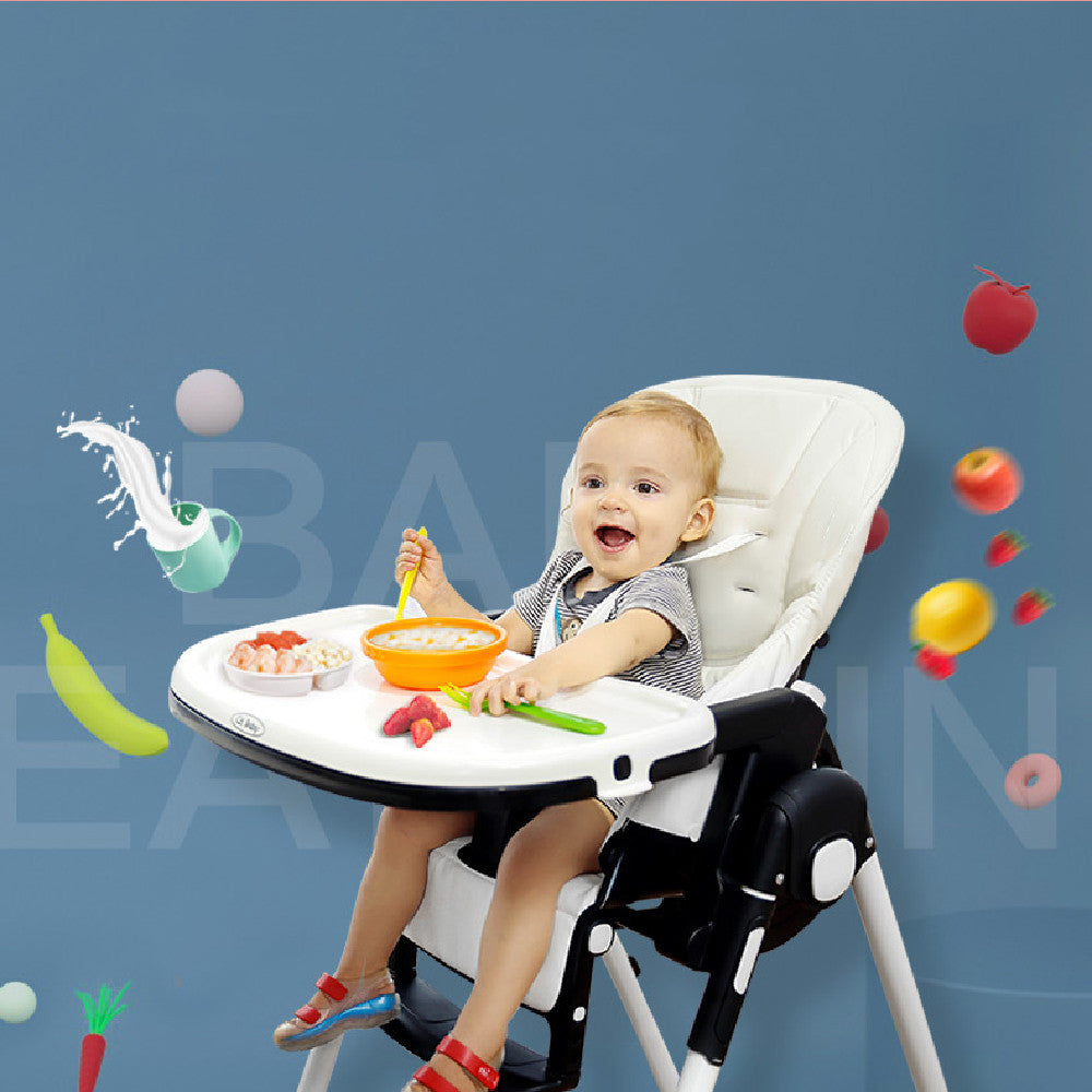 Child in a high chair with a blue background and food graphics