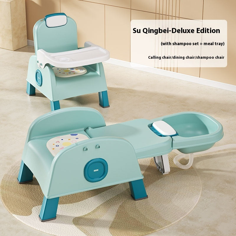 Children's multi-functional chair with shampoo set and meal tray on a beige floor.