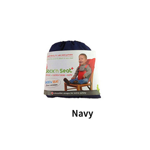 Navy drawstring bag with a child in a red seat on the label against a white background