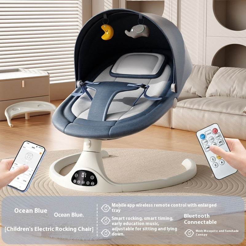 Children's electric rocking chair with remote control and smartphone app in a living room setting.
