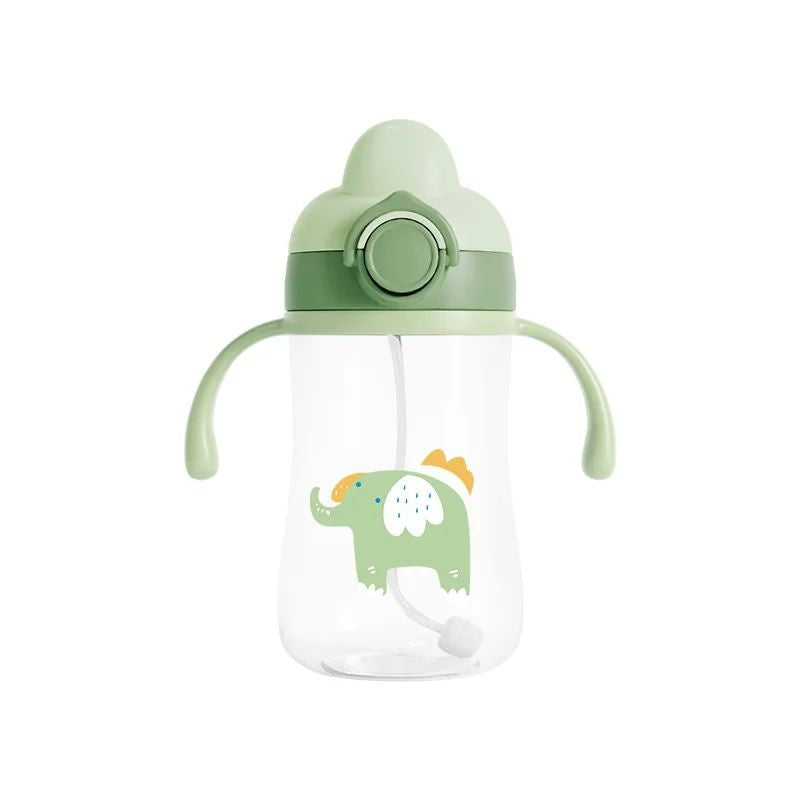 Green children's sippy cup with an elephant design on a white background