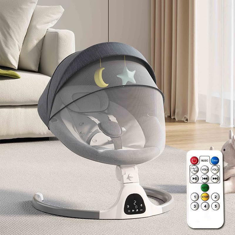 Baby swing with remote control in a living room setting