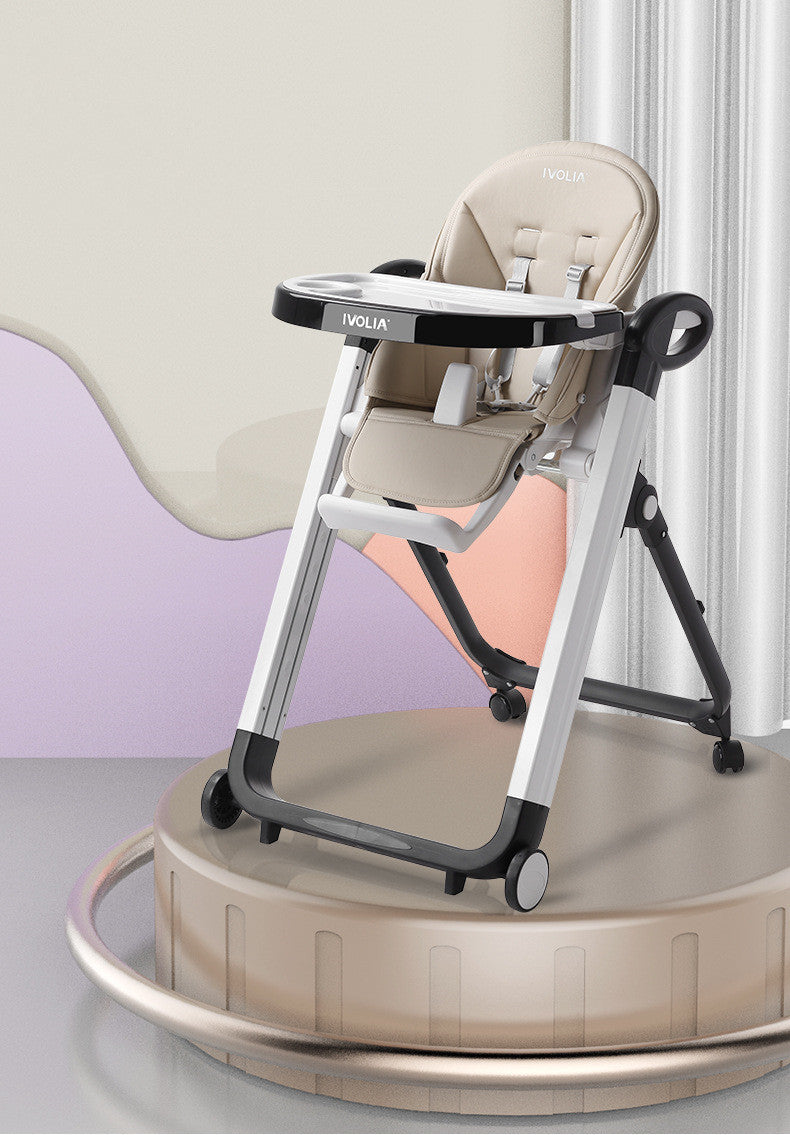 Beige high chair on a round platform with a light purple wall in the background