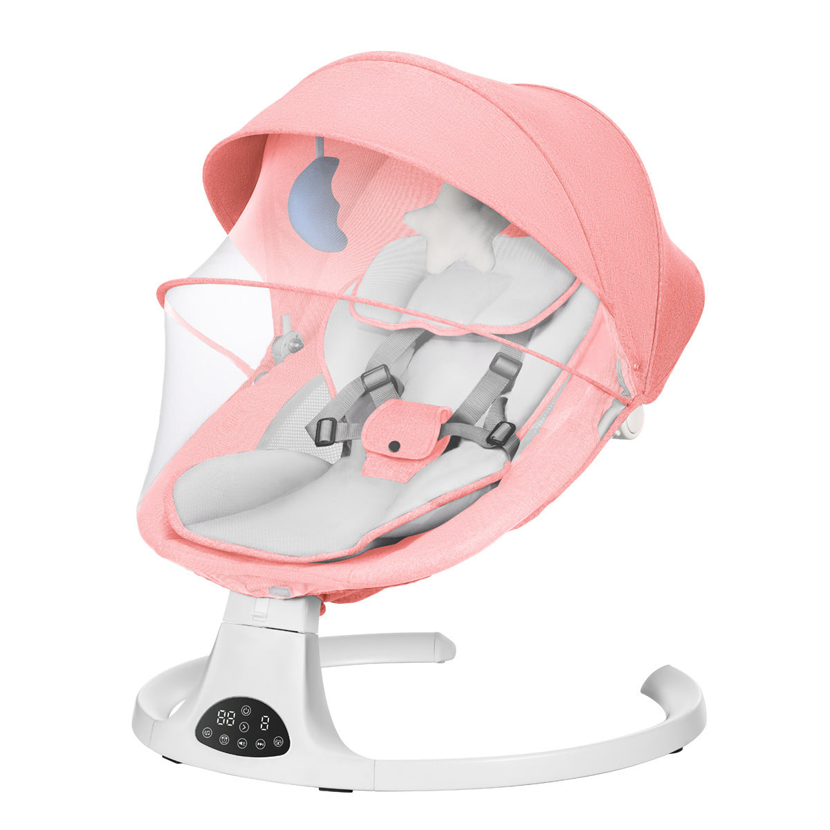 Pink baby swing with canopy on a white background