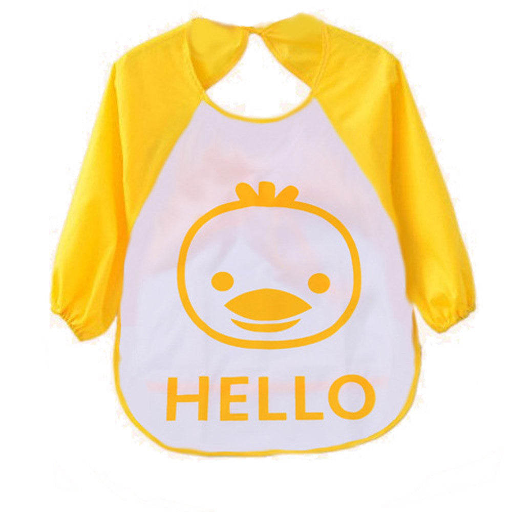 Yellow and white bib with a duck face design and 'HELLO' text on a white background