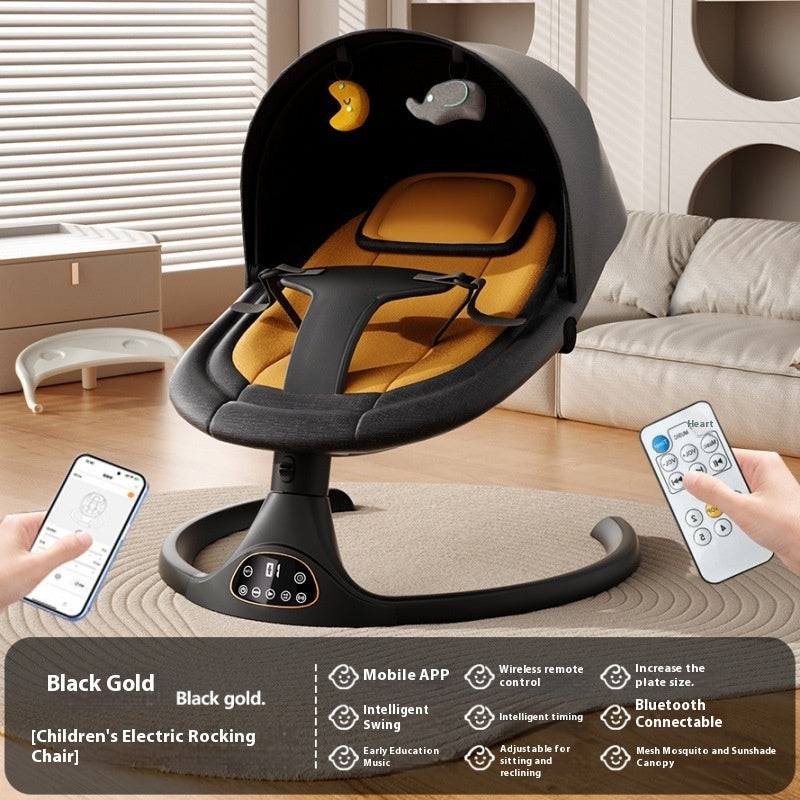 Children's electric rocking chair with remote control and smartphone app in a living room setting.
