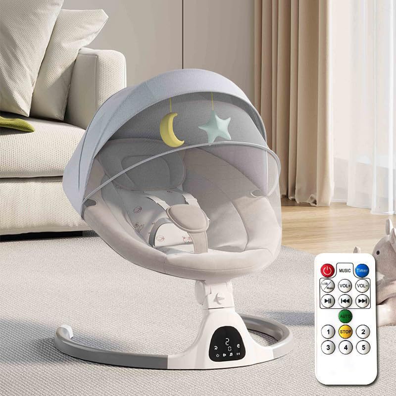 Baby swing with remote control in a living room setting