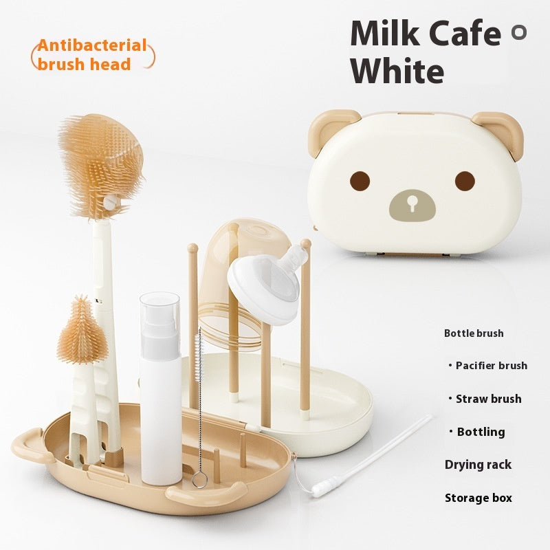Baby bottle cleaning set with a bear-shaped organizer on a white background