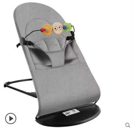 Gray baby bouncer with colorful toy on a white background