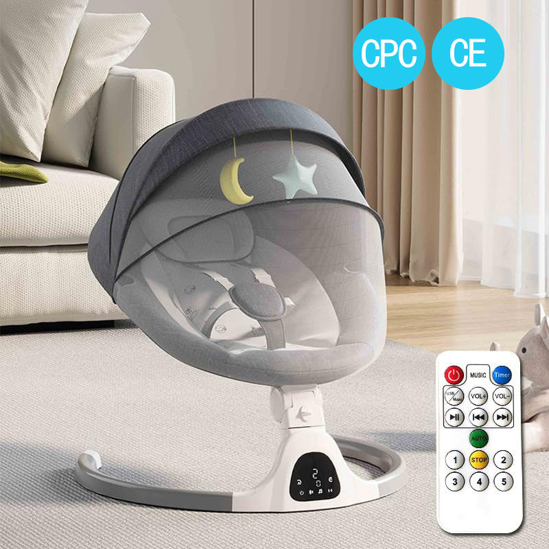 Baby swing with remote control in a living room setting, featuring CPC and CE logos.