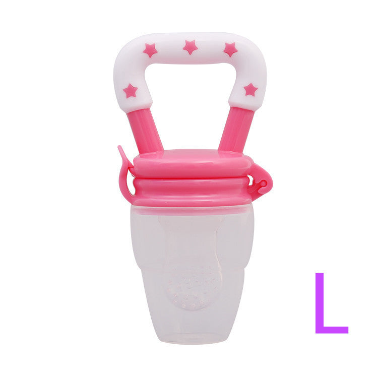 Pink and white baby feeder with star patterns on a white background