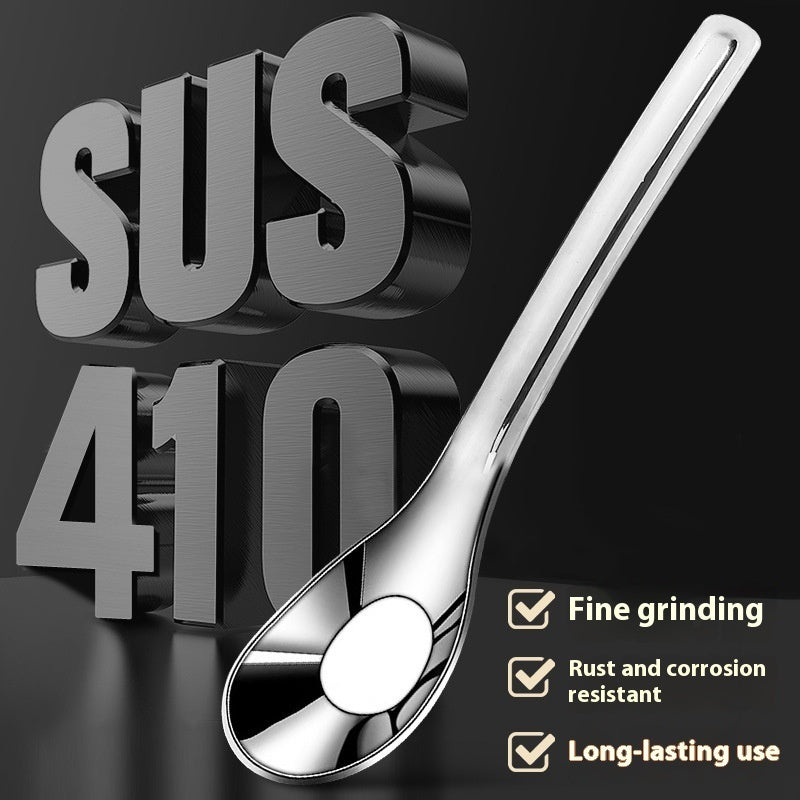 Stainless steel spoon with 'SUS 410' text and product features on a black background