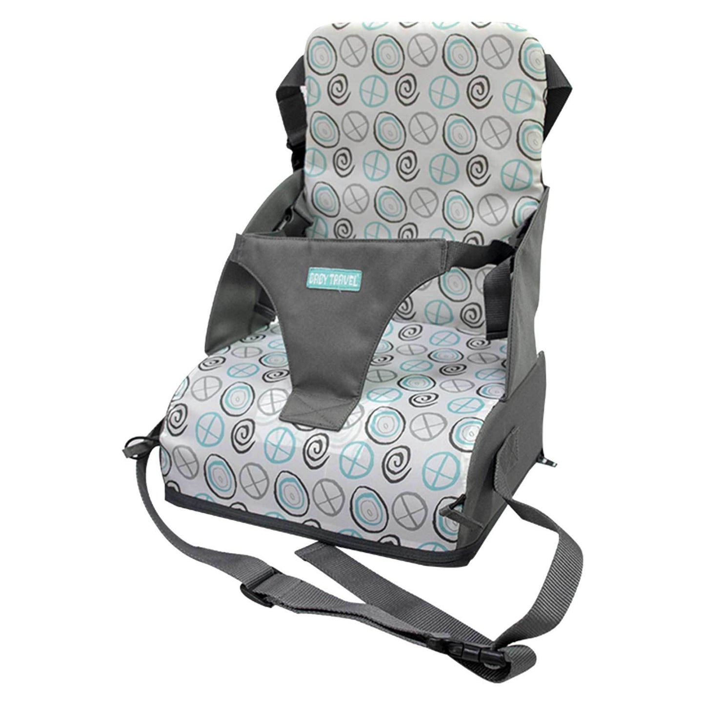 Baby high chair with peace sign pattern on a white background