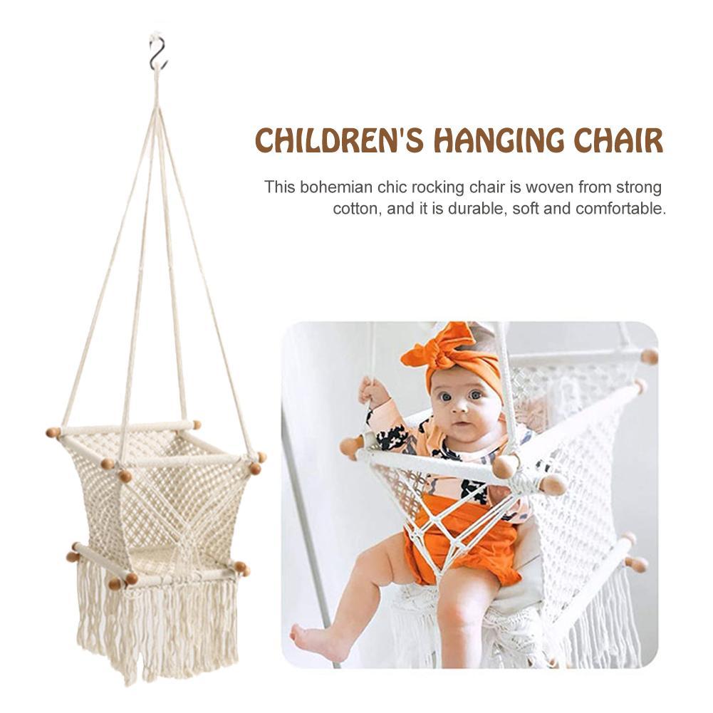 Children's hanging chair with a baby sitting in it, labeled as 'Children's Hanging Chair'.