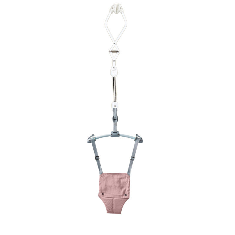 Pink baby bouncer with harness on a white background