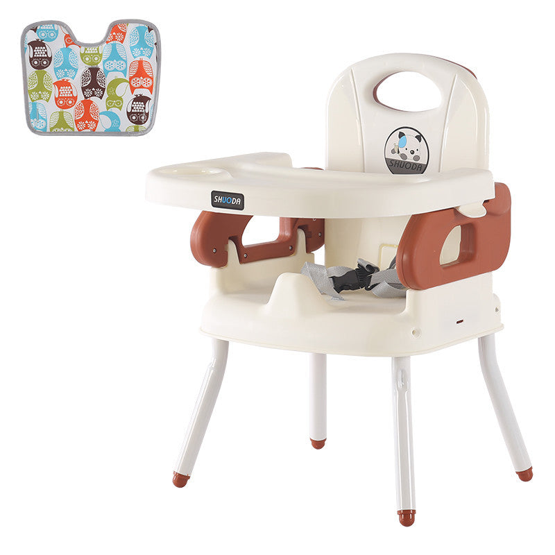 Baby high chair with colorful backrest and tray on a white background