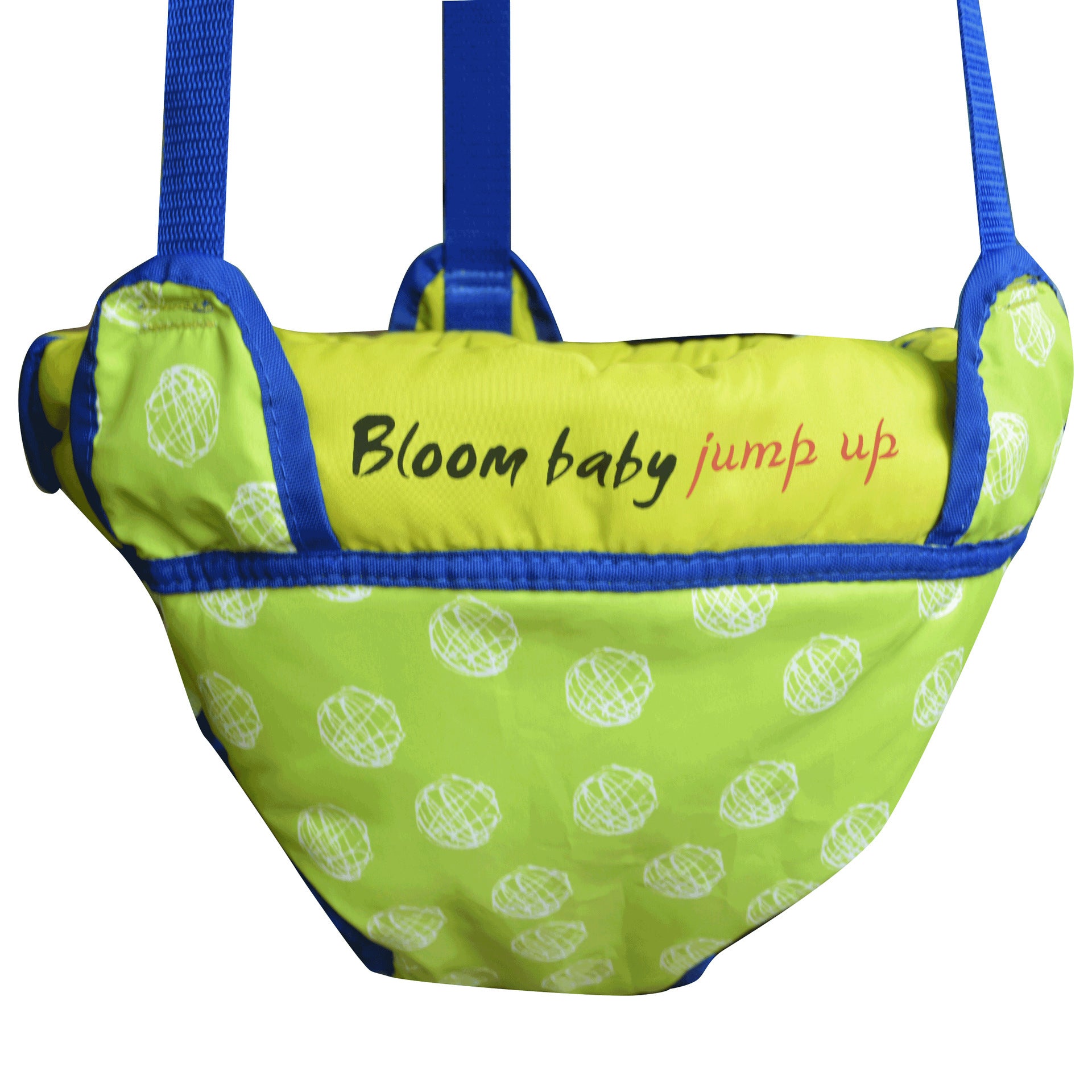 Green baby jump up with blue straps on a white background