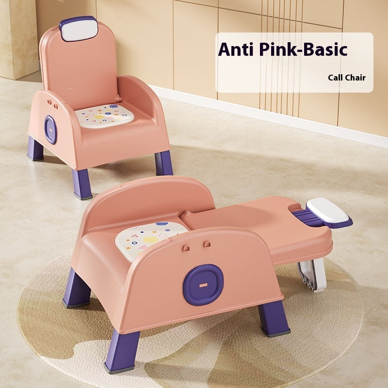 Children's chair with purple legs on a light wooden floor.