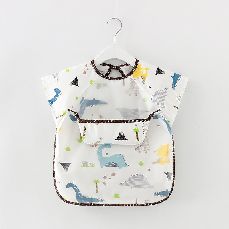 Baby bib with dinosaur pattern on a hanger against a light gray background