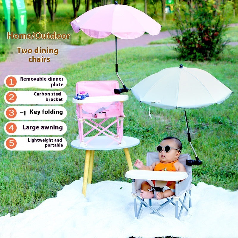 Two portable dining chairs with umbrellas in an outdoor setting