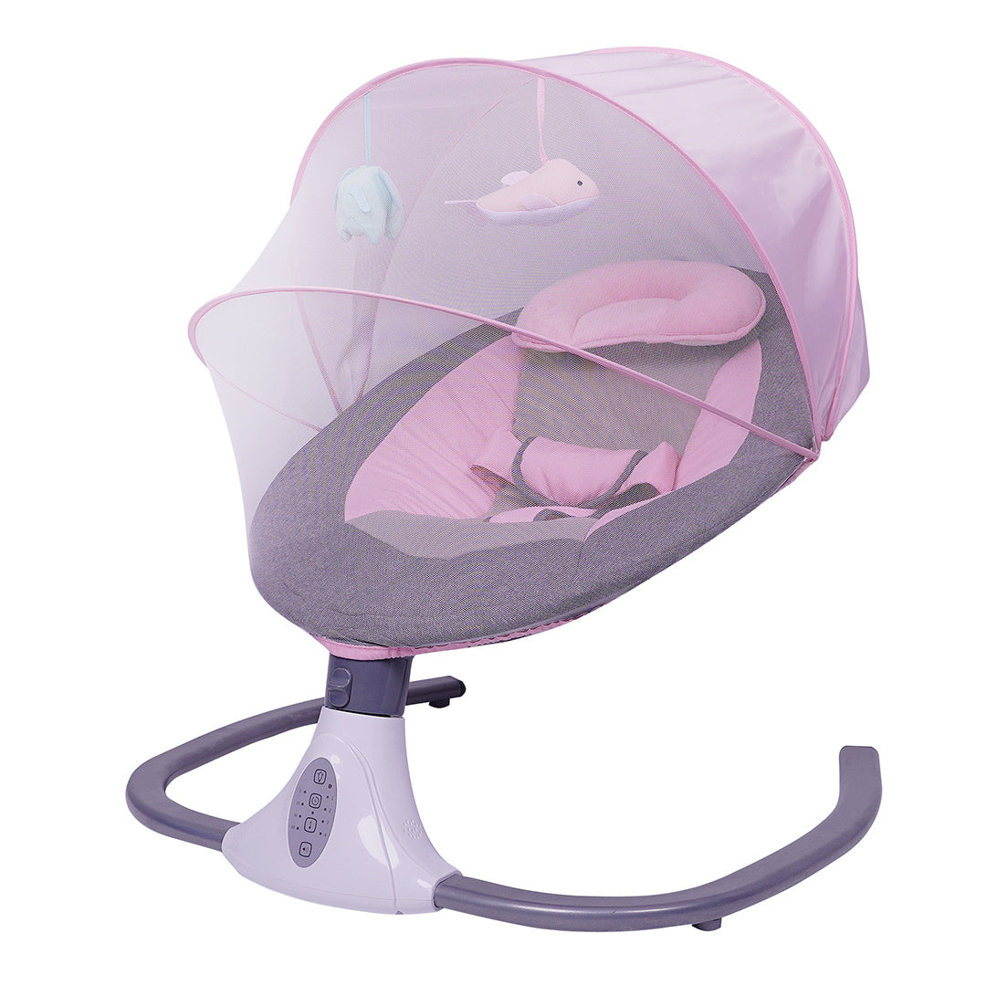 Electric Baby Rocking Chair in Cherry Blossom Powder with adjustable settings for comfort and soothing motion by Nestacular