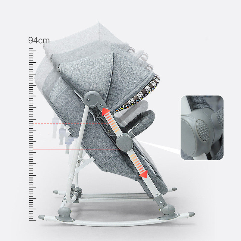 Gray baby swing with measurement details on a white background